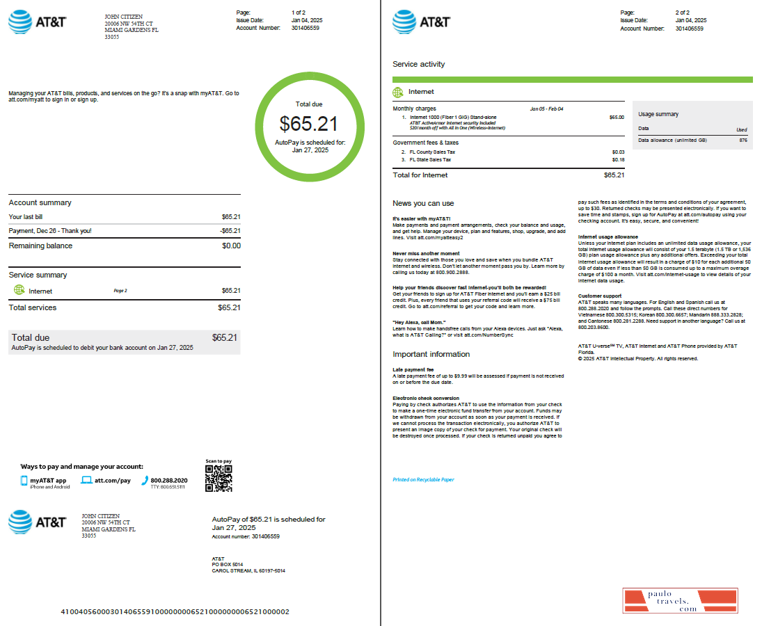 USA AT&T utility bill template in Word and PDF formats, 2 pages, version 2